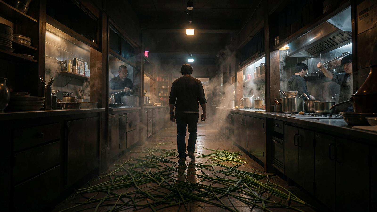 A dimly lit back-alley corridor of a commercial kitchen, raw meat slabs piled on stainless steel tables, fresh lemongrass leaves spread out on the wet tiled floor, hyper-realistic, dark moody volumetric lighting, cinematic surrealism.