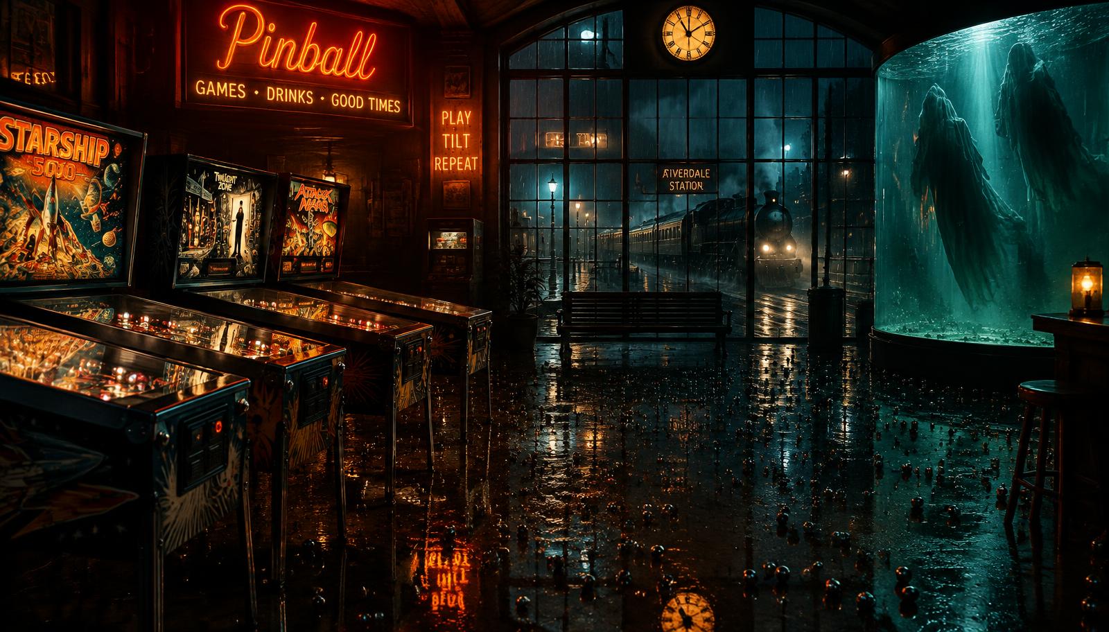 Cinematic wide shot of a retro pinball arcade near a rain-drenched vintage train station at midnight, neon signs casting deep amber and teal glows, thousands of metallic marbles scattered on the reflective floor, an eerie oversized glass fish tank glowing faintly in the corner with submerged cloth silhouettes, moody chiaroscuro lighting, photorealistic surrealism, 35mm film still.