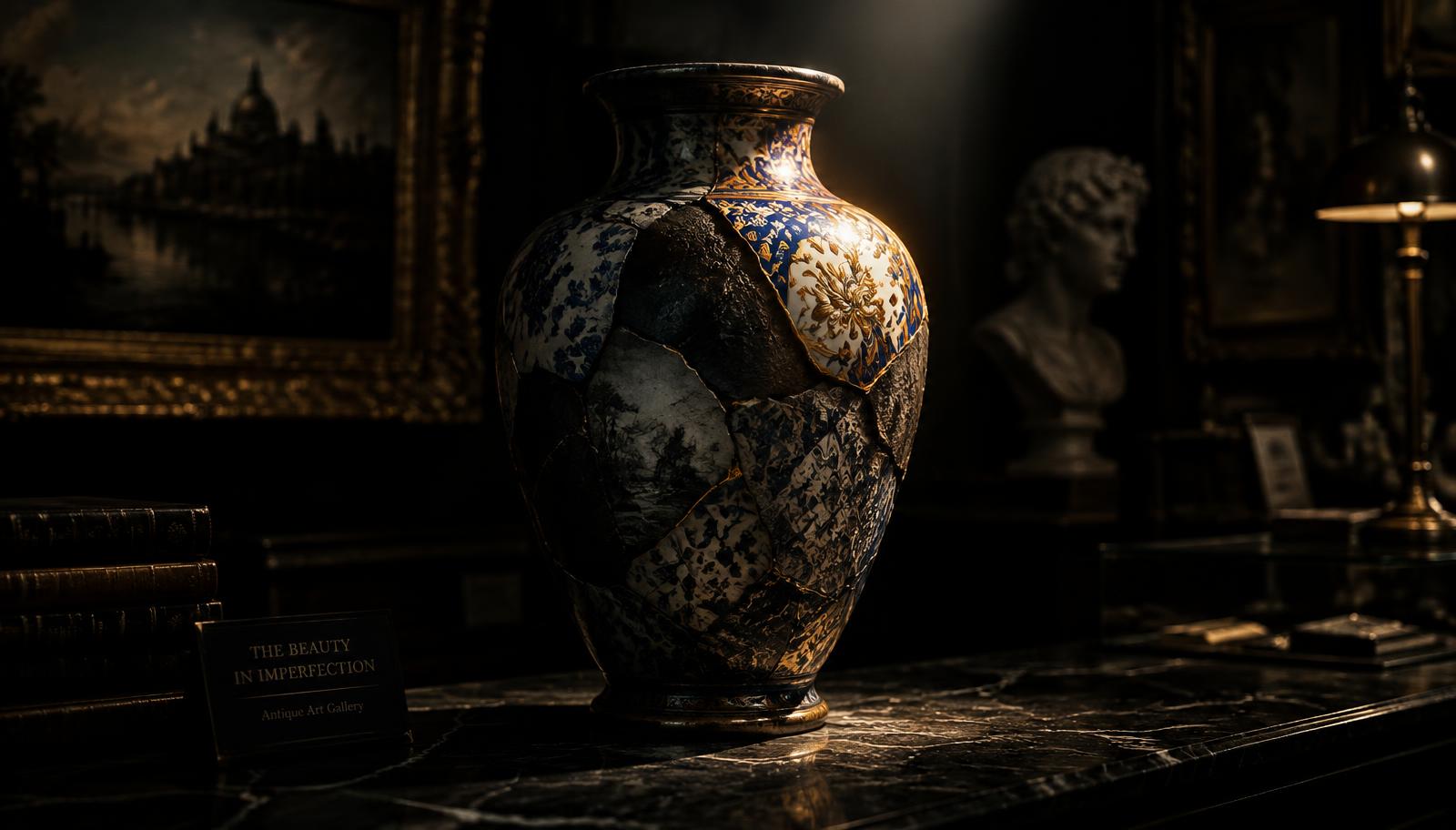Close-up still of an antique art gallery counter in deep shadows, an enigmatic ceramic vase standing under a focused spotlight, its surface covered in cracked mismatched patterns with only a single corner glowing with flawless ornate beauty, cinematic atmosphere, dark moody tones, fine art surreal photography.
