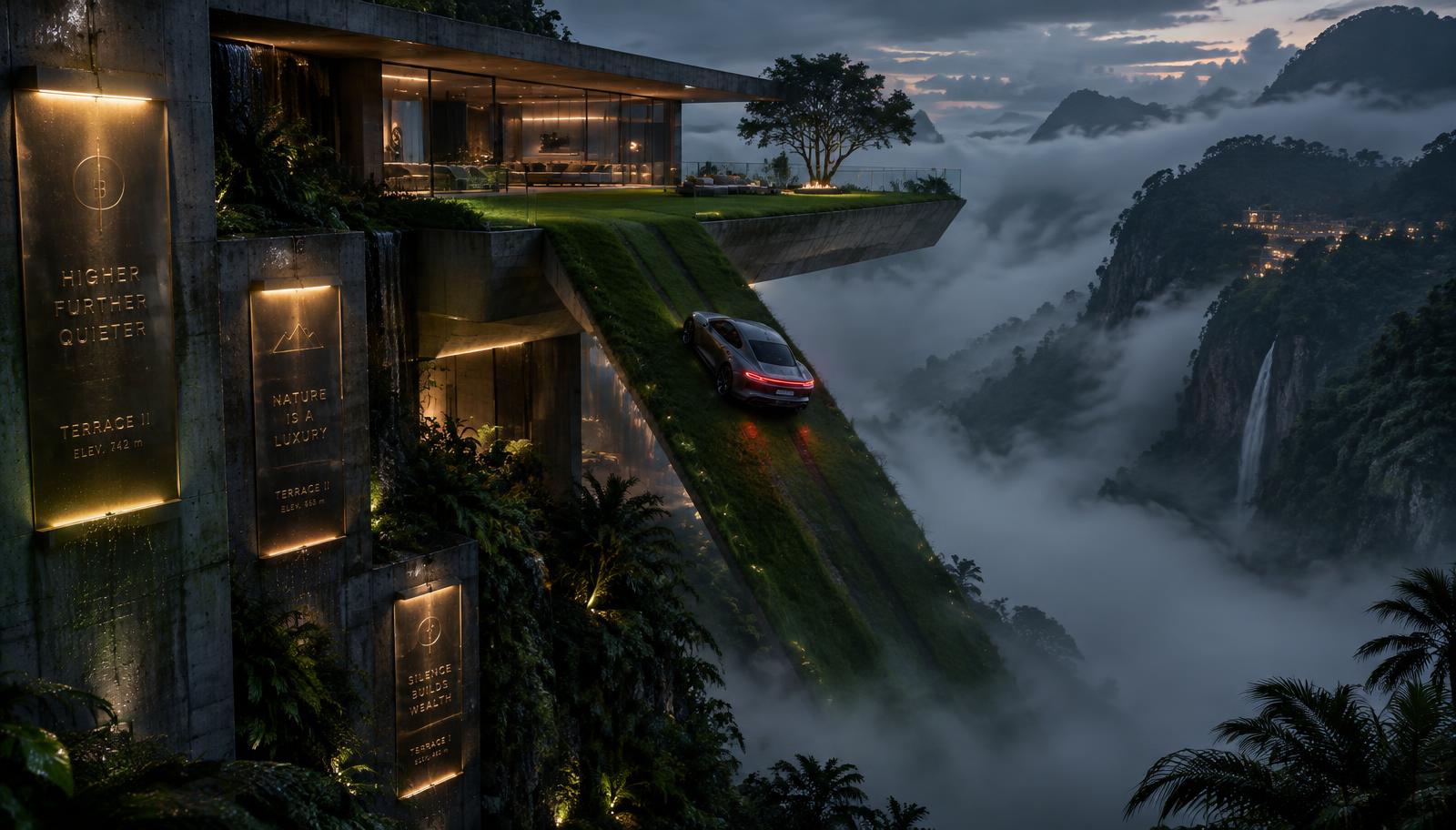 A futuristic modernist villa perched on the edge of a misty subtropical mountain cliff in future Taiwan. A luxury car smoothly descends from an impossible third-floor cantilevered turf terrace down a sheer emerald slope into dense valley fog. Brutalist architecture, glowing metallic plaques embedded in wet concrete walls, twilight mood, deep shadows, cinematic photorealism.