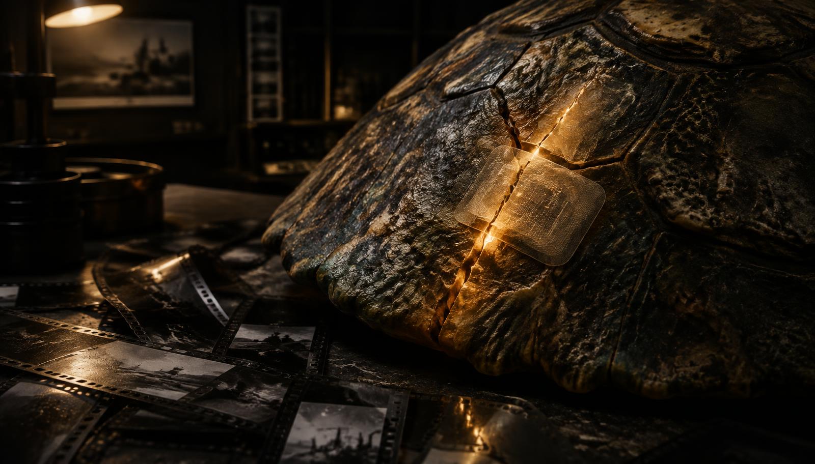 Macro cinematic shot of a cracked, weathered reptilian carapace in a dimly lit industrial film studio. A medicinal transdermal plaster is adhered to the fracture, emitting a faint amber bio-luminescence as the shell visibly knits together. Silver halide negative film strips scattered around, dramatic chiaroscuro lighting, tactile realism, moody and hyper-detailed.