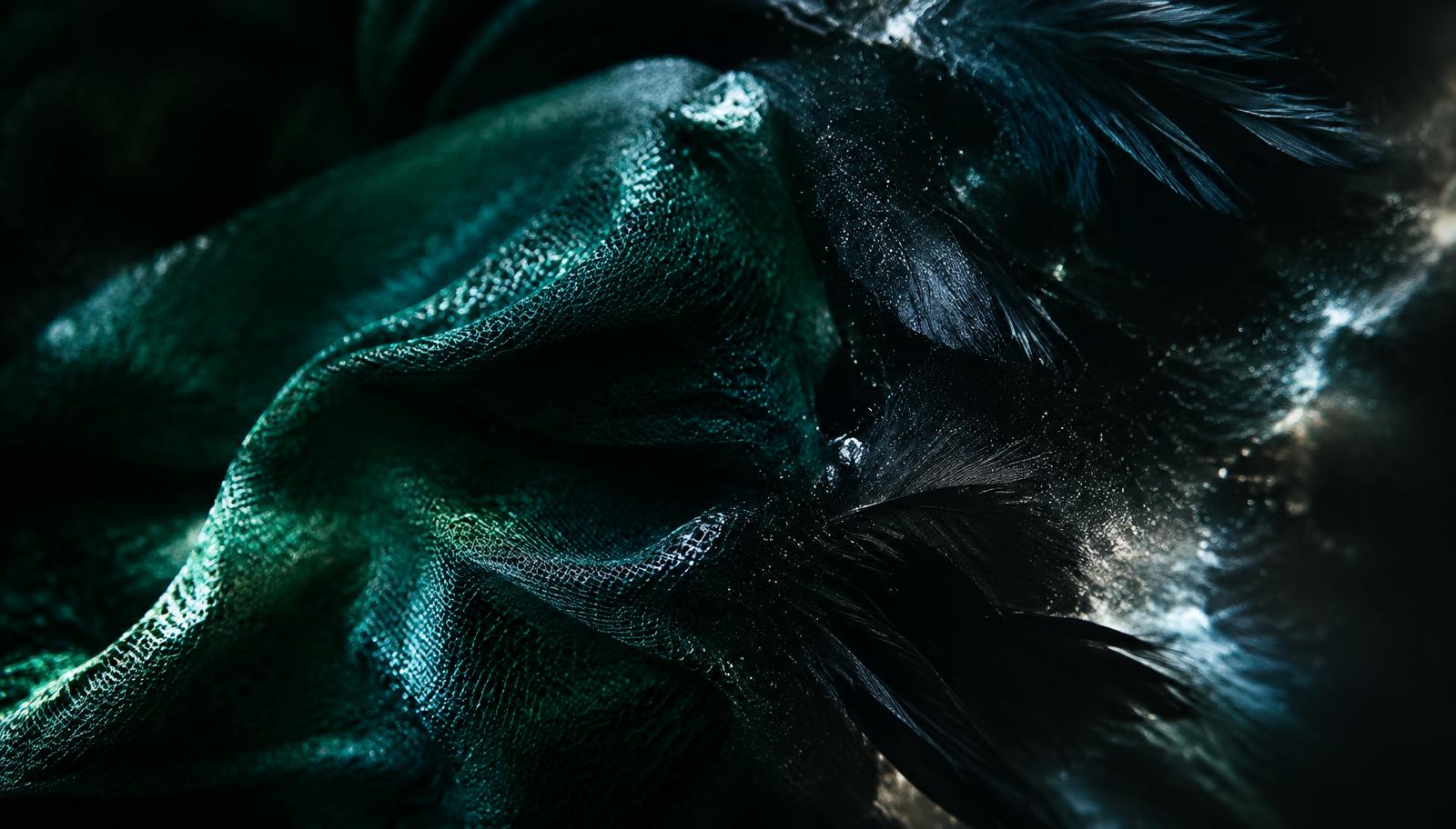 Macro photorealistic shot of an avant-garde futuristic fabric dissolving from emerald high-tech spider-silk mesh into ethereal glowing black feathers and cosmic galaxy dust, subtle silver nebula reflections, mysterious high-fashion atmosphere, dramatic rim light, shallow depth of field.