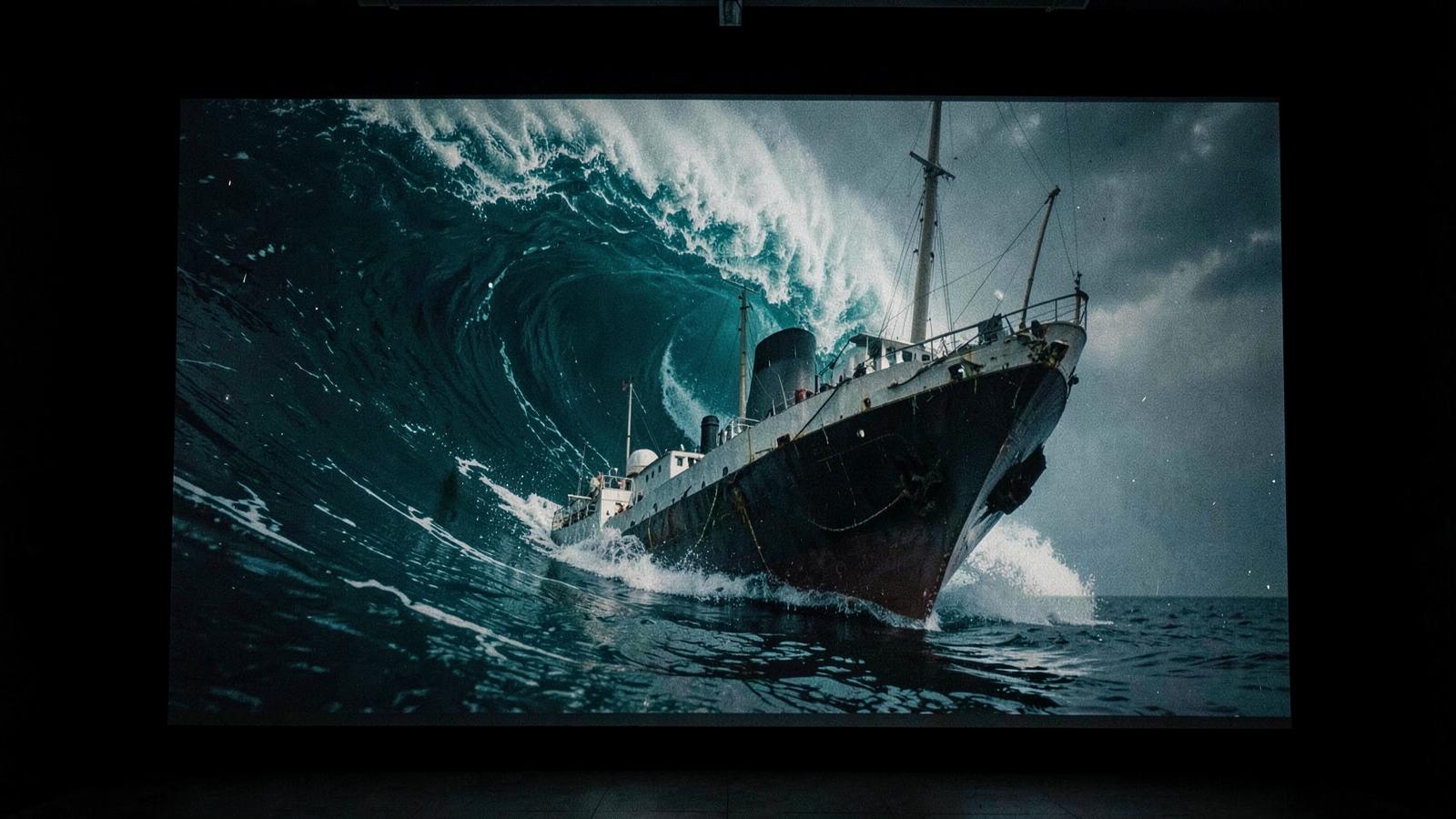 First-person perspective running down a narrow, claustrophobic industrial ship corridor, rising icy seawater rushing through bursting bulkhead doors, dim red emergency lights reflecting on turbulent water, cinematic, dark atmospheric lighting, surreal tension.