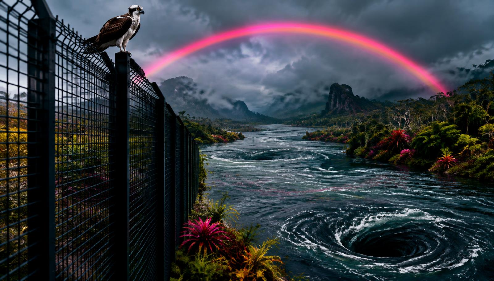 Surreal cinematic photography looking past a towering security mesh fence where a wild osprey perches, revealing an untamed primordial river with swirling dark whirlpools, neon pink rainbow arching across a moody overcast sky, exotic foliage along the bank, high contrast, photorealistic, uncanny realism.
