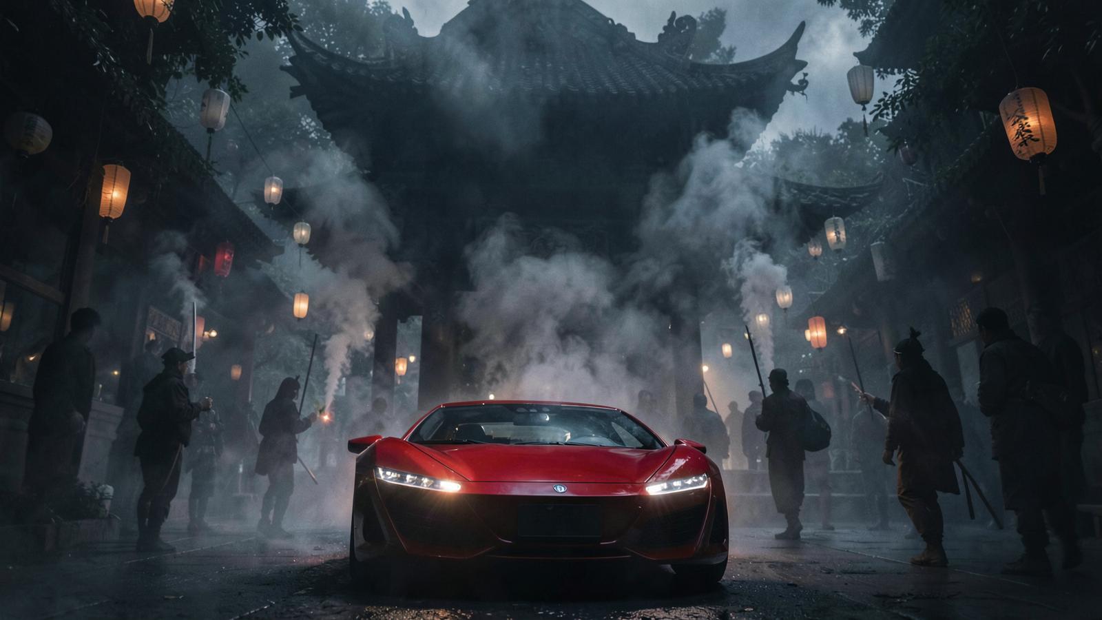 A dramatic low-angle shot of a glowing red futuristic car stopped before a shadowy Taiwanese temple procession, thick incense smoke, ethereal lanterns, shadowy figures walking backward, cinematic, surreal, photorealistic, eerie mist.