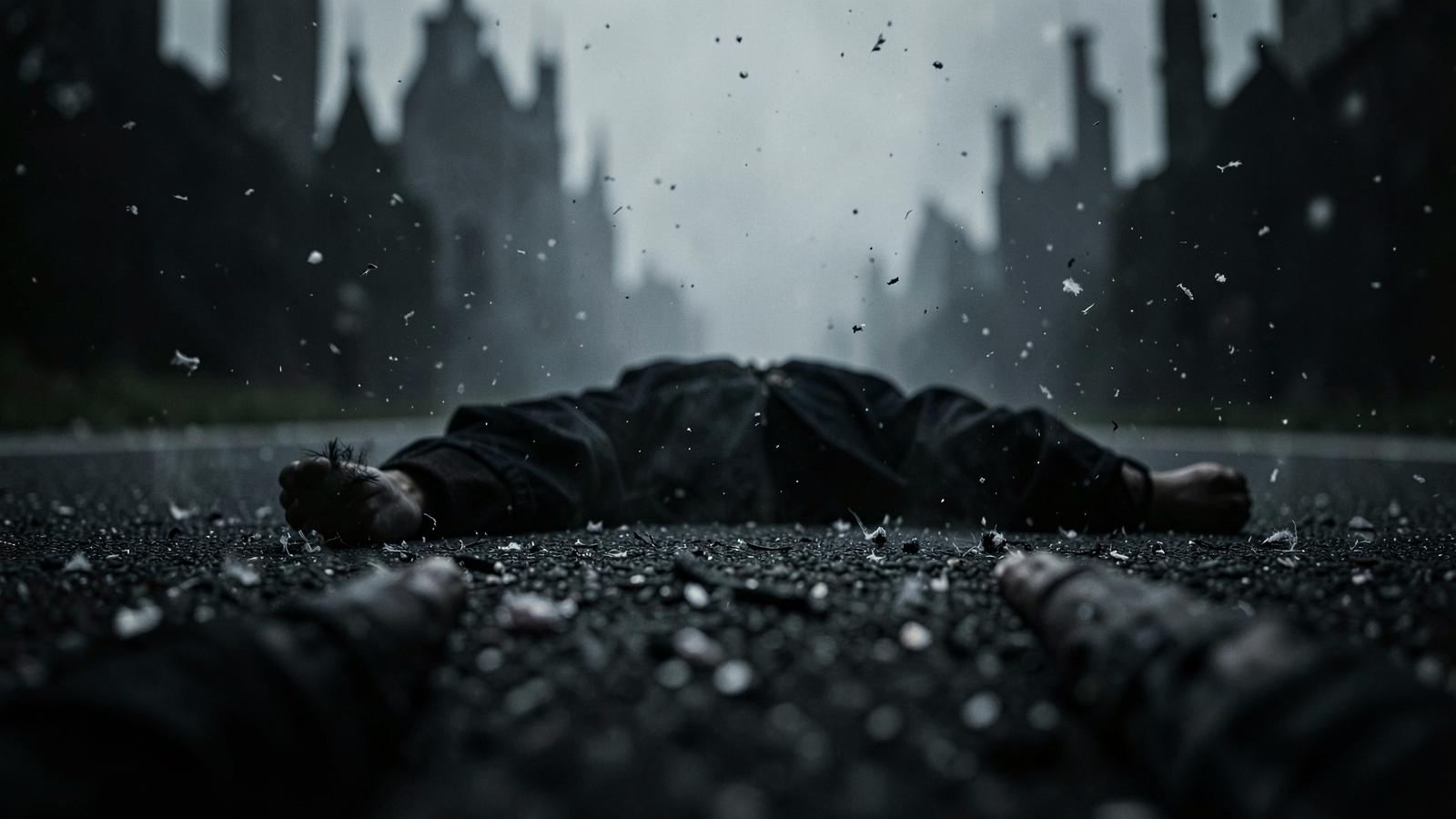 First-person perspective lying flat on dark asphalt, looking down, incense ash falling like snow, extreme shallow depth of field, ominous dark silhouettes towering in the hazy background, moody, surrealism, cinematic lighting.